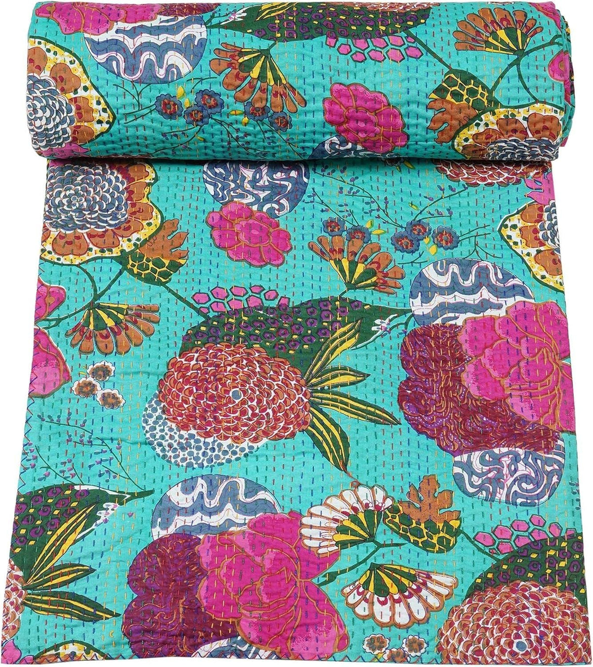 Sea Green Kantha Quilt – Handmade Floral Cotton Bedspread | Boho Vintage Blanket