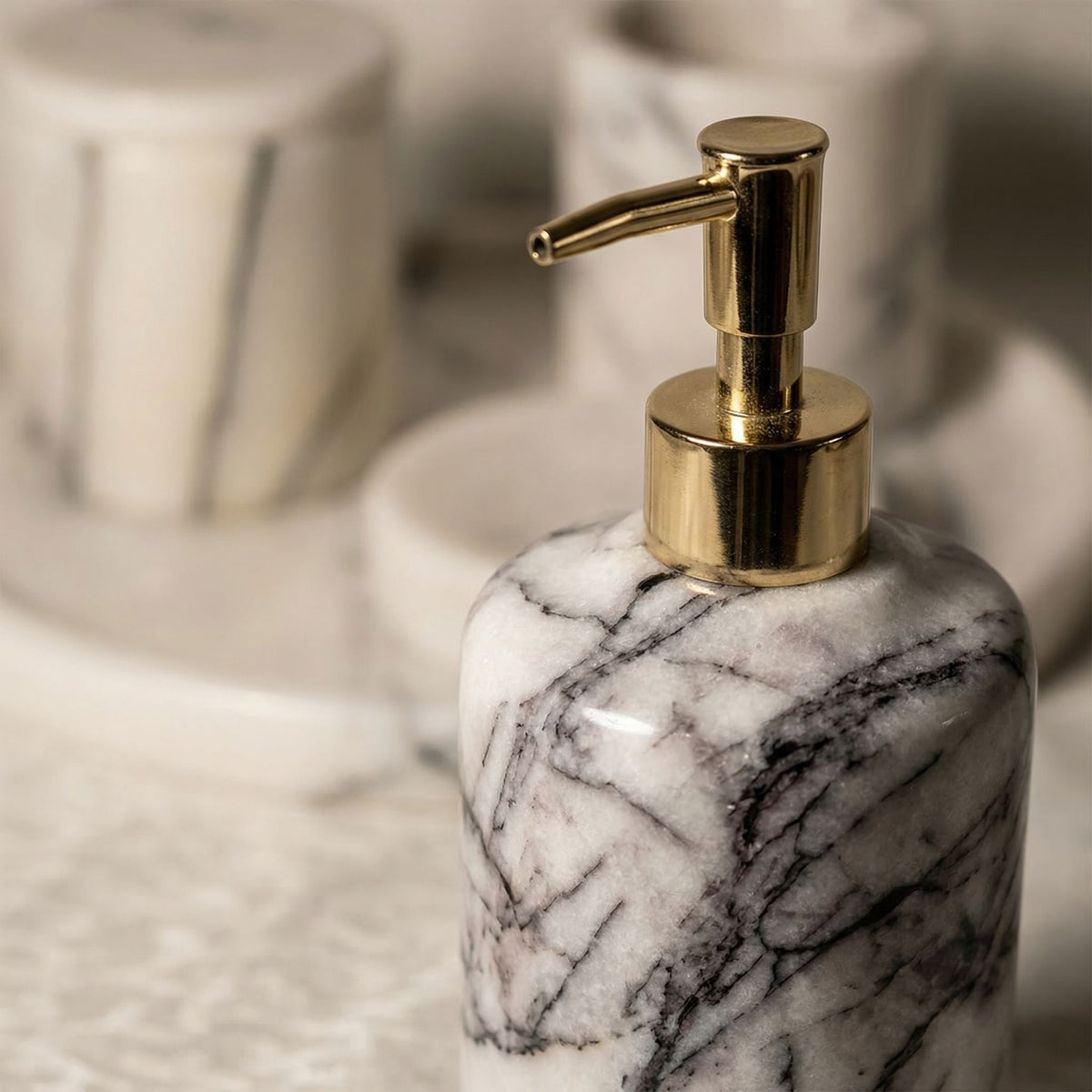 Luxury Marble Bathroom Set | Round Tray, Soap Dispenser, Organizer & Soap Dish | Modern Bathroom Decor Gift