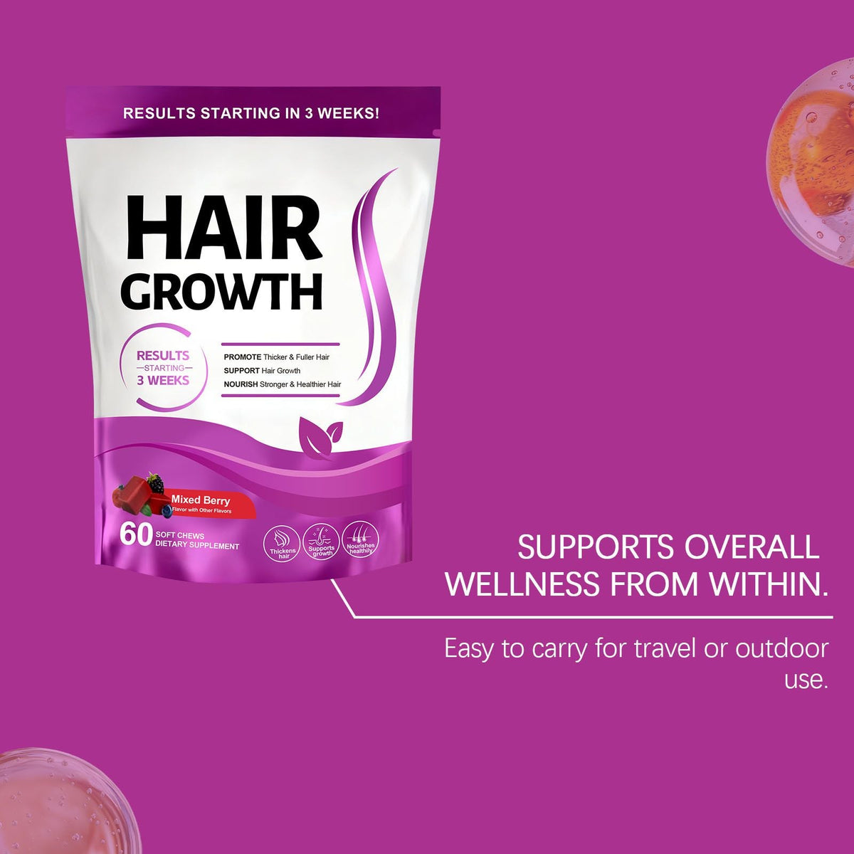 Hair Health Support Soft Chews, Mixed Berry Flavour Daily Dietary Supplement for Hair Care, 60 Chews