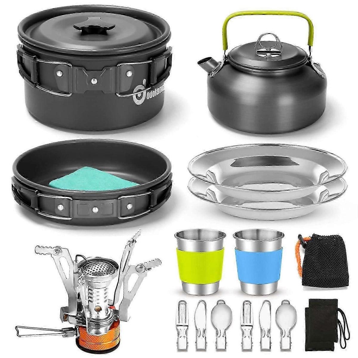 Camping Cookware Kit With Folding Camping Stove Suit, Non-stick Pot Pan Kettle Set For Outdoor Cooking And Picnic For 2 People