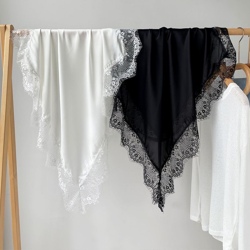 White Satin Square Scarf with Lace Trim for Women 75x75cm