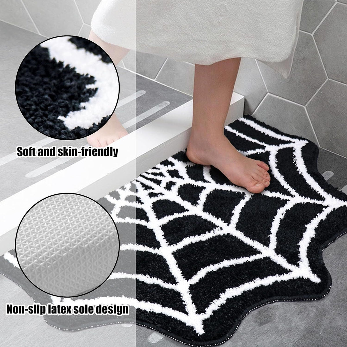 AIESY® Live Beautiful ! Spider Web Bath Mat, Black and White, Non-Slip Halloween Theme Bathroom Rug, Gothic Home Decor