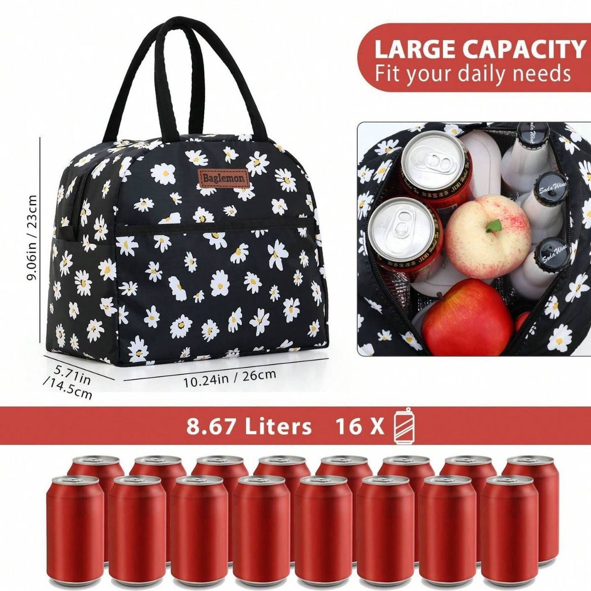 Daisy Print Insulated Lunch Bag Thermal Cooler Tote