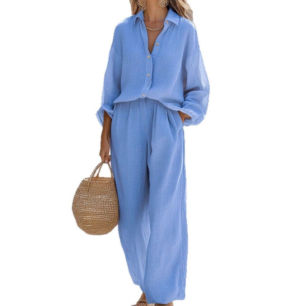 Women's Cotton Casual Lapel Shirt & Long Pants Set