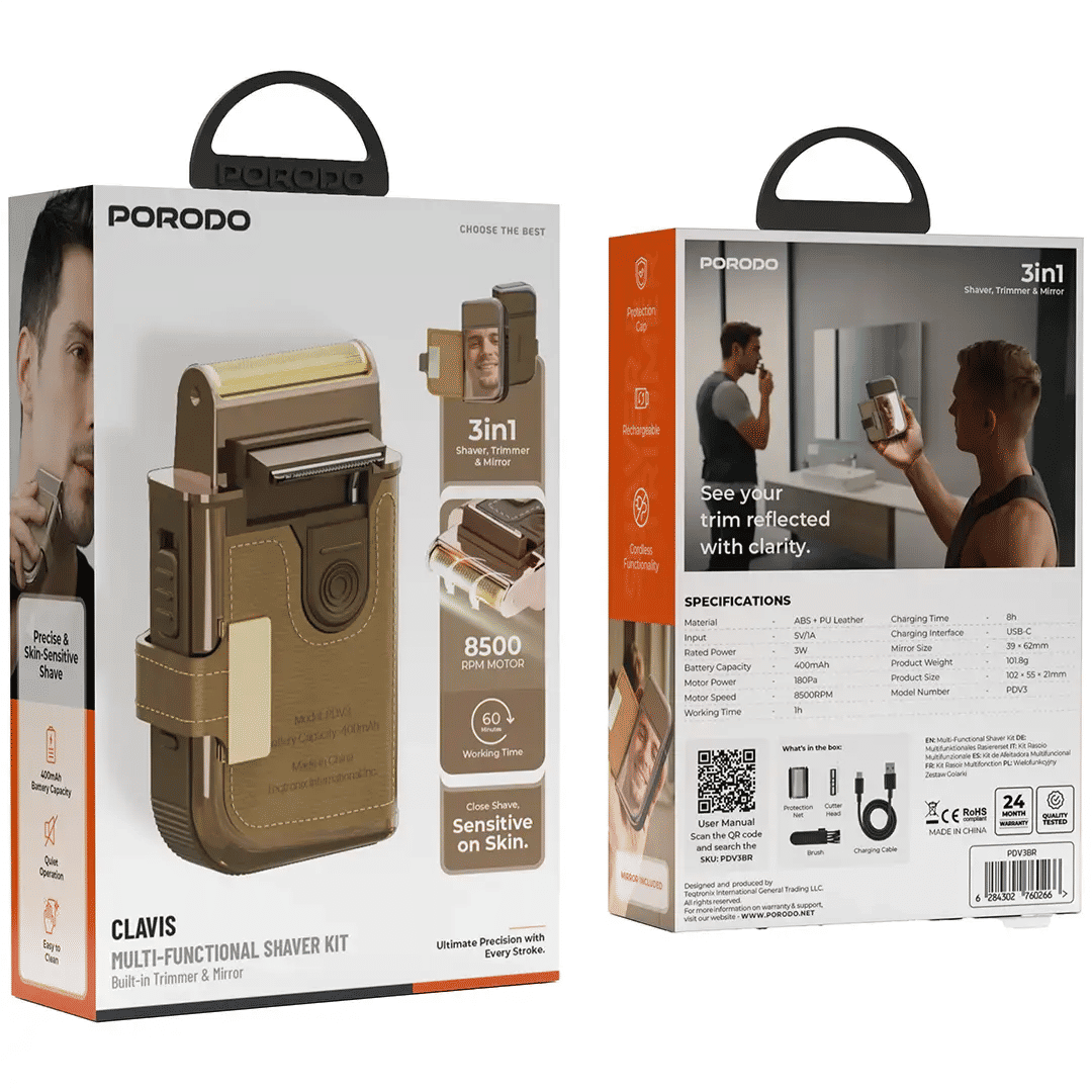 Porodo Clavis Multi-Functional Shaver Kit with Built-In Trimmer & Mirror