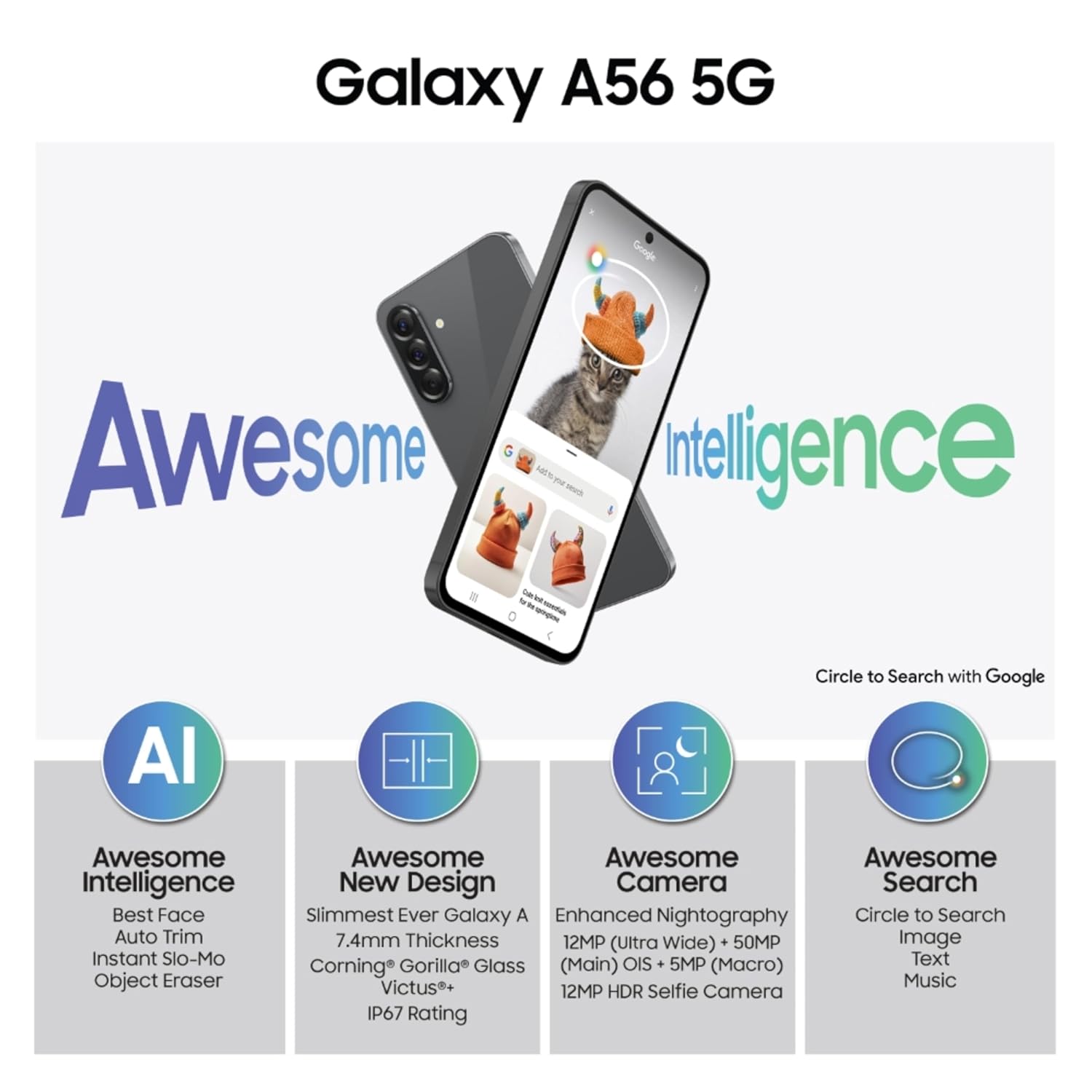 Samsung Galaxy A56 5G Android Smartphone Graphite, 8GB RAM, AI Camera, AMOLED Display