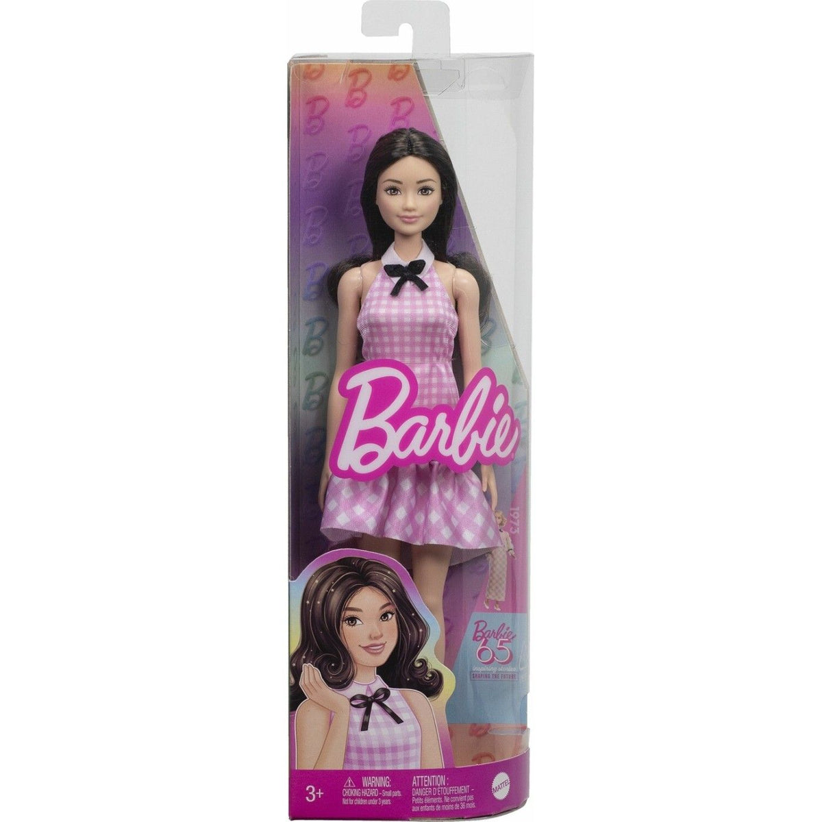 Barbie Fashionistas Doll #224, 65th Anniversary Collectible with Black Wavy Hair & Pink Gingham Dress