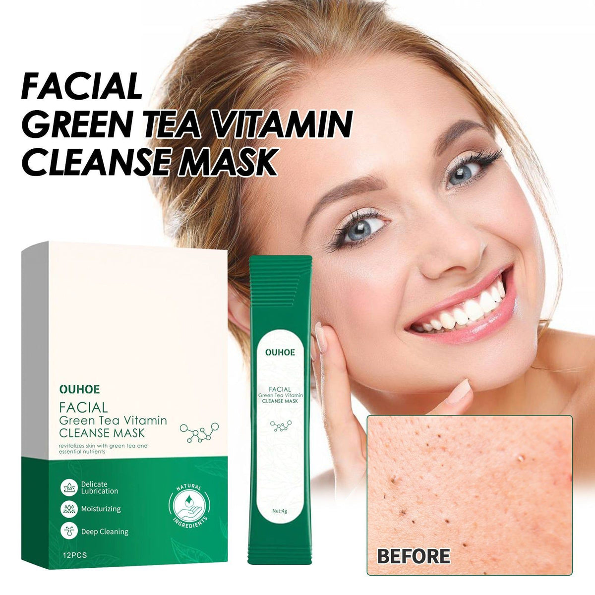 Deep Cleaning Green Tea Vitamin Mask for Acne, Pores, Hydration, Clear Skin ,12pcs