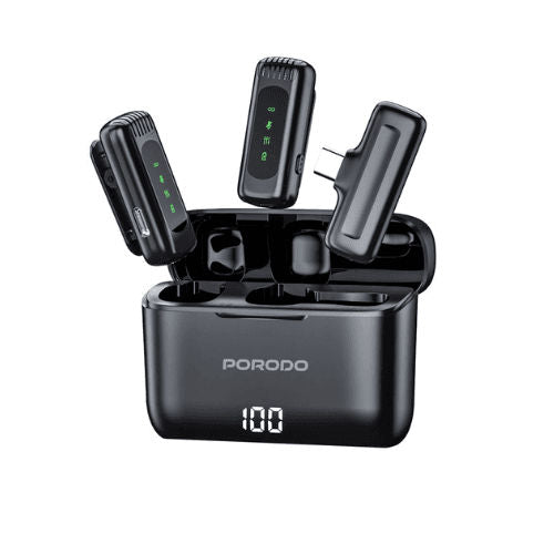 PORODO- lavalier double microphone with charging case-Black