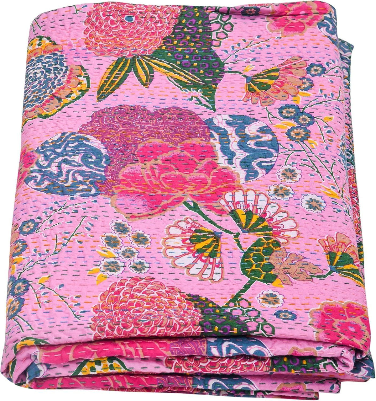 Pink Cotton Quilt Floral Kantha Bedspread | Lightweight Handmade Indian Bedding