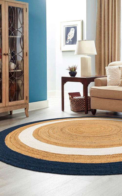 Handmade Natural Jute Round Floor Area Rug with White & Navy Blue Rings | Handwoven Coastal Area Rug