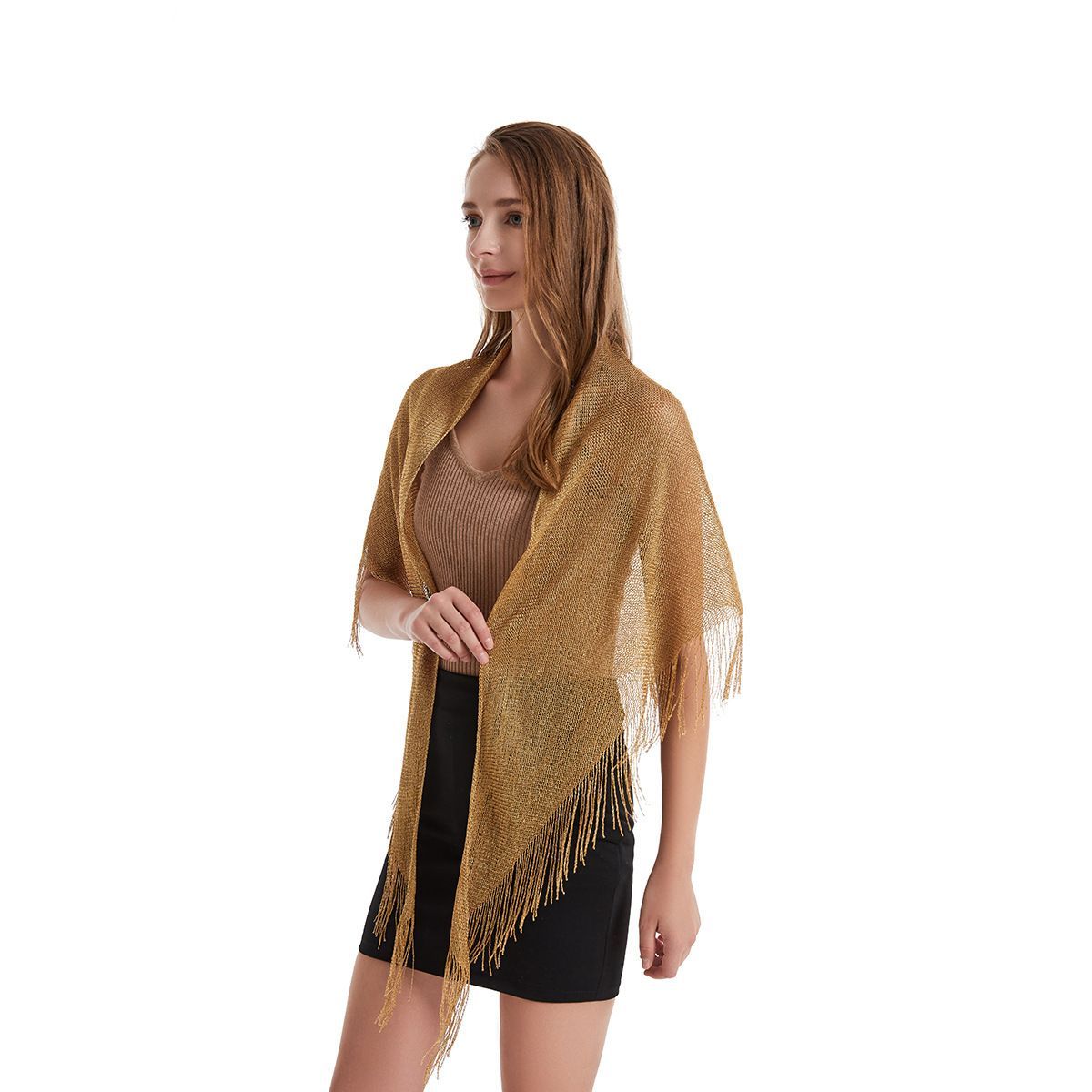 Champagne Fringe Shawl Wrap Beach Cover Up for Women