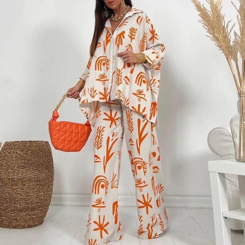 Plus-Size Women's Loose Button-Up Shirt & Straight-Leg Pants Set