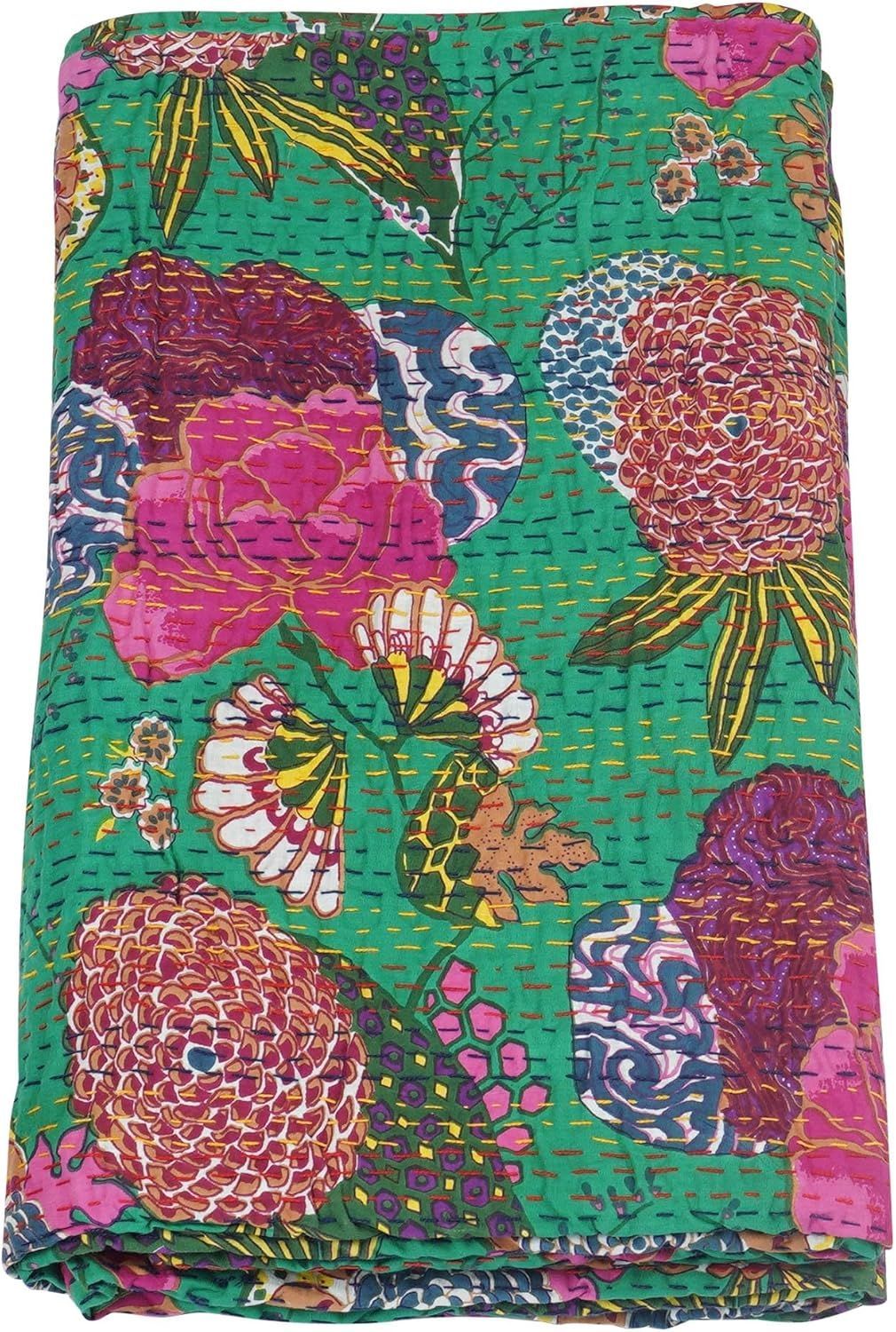 Green Fruit Print Kantha Quilt Handmade Cotton Bedspread | Floral Tropical Indian Blanket