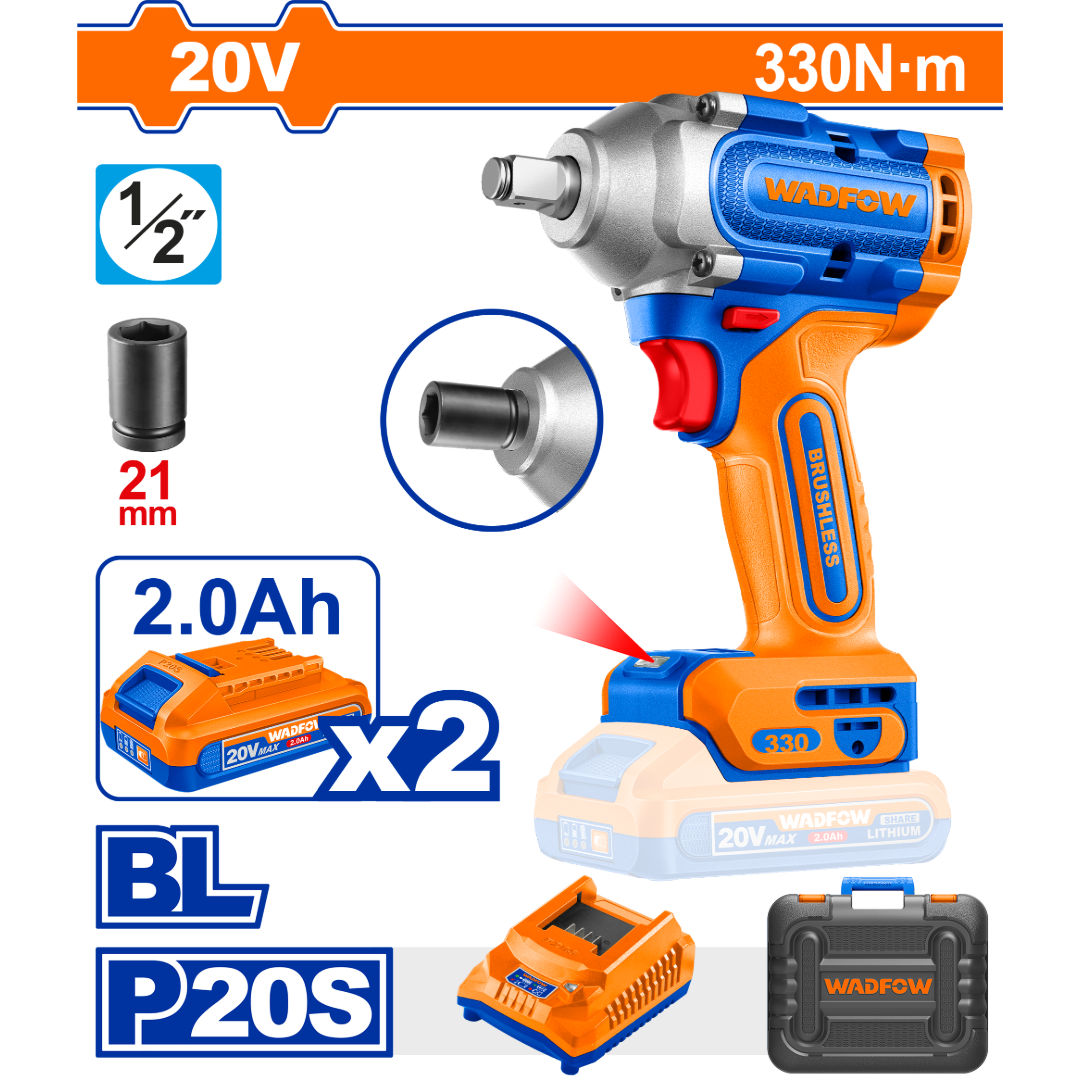 WADFOW Cordless Brushless Impact Wrench 20V, 1/2″ Drive with Batteries & Carrying Case