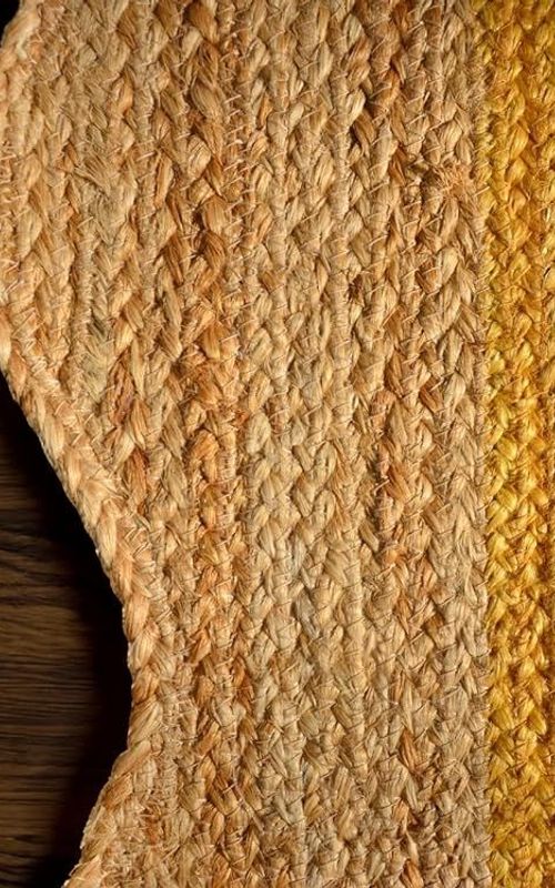 Scalloped Rectangle Jute Area Rug with Yellow Center Line | Handmade Runner Carpet