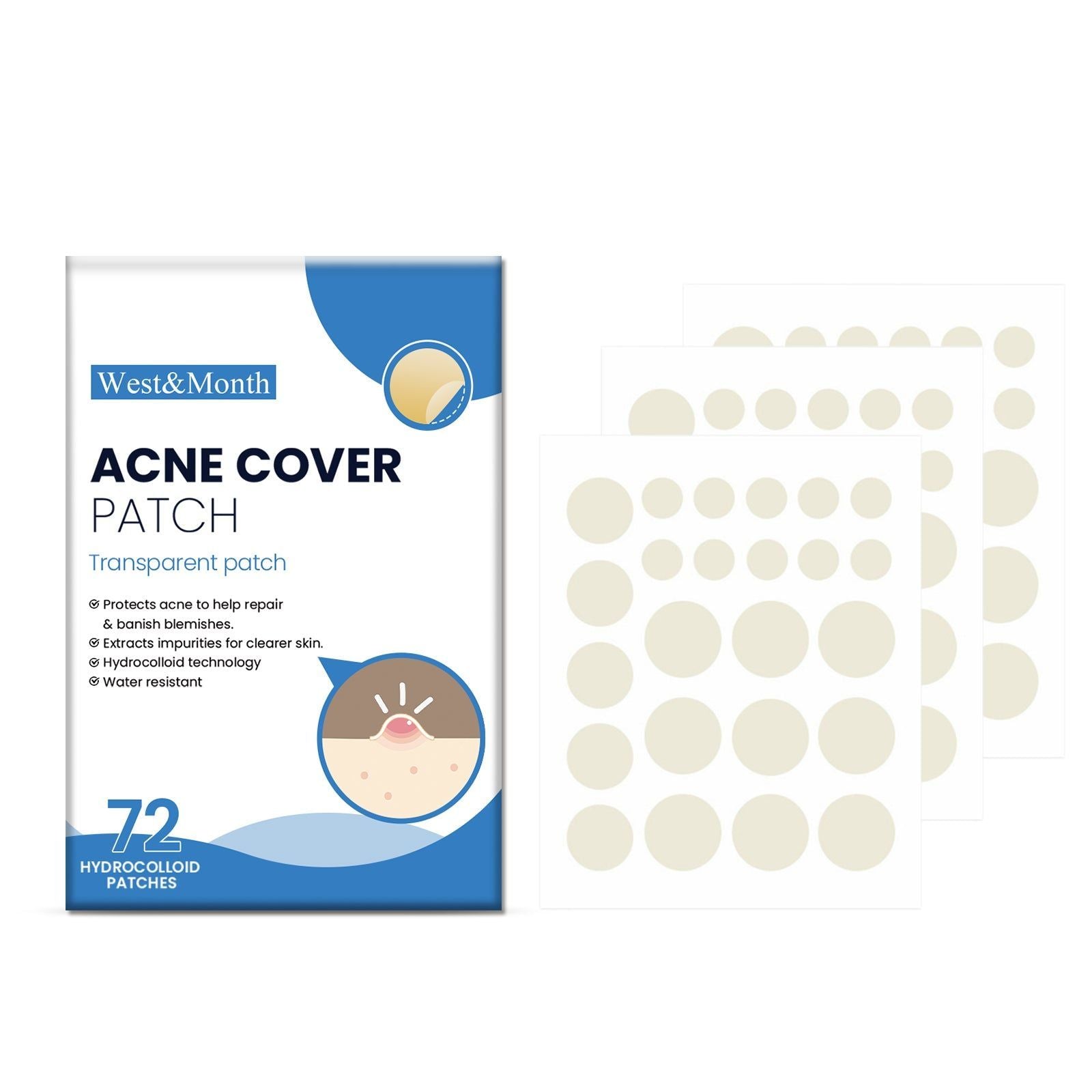 West & Month Acne Patch for Facial Care, Clear Skin, Pimple Spot Treatment ,72pcs