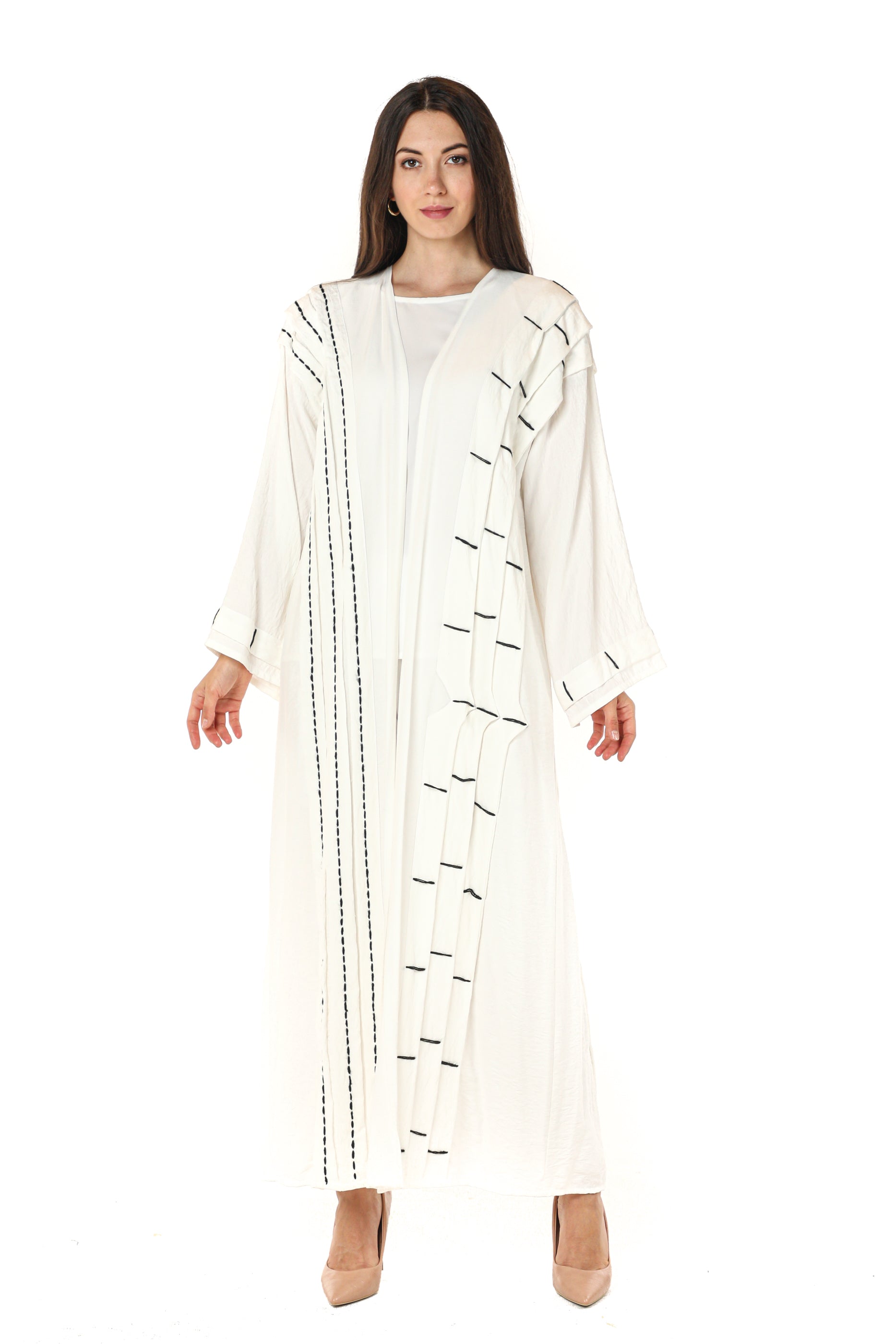 MOiSTREET Linen Abaya with Black Thread Work