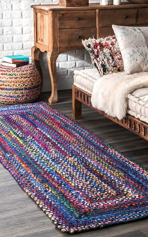 Handmade Braided Blue Multi Cotton Rectangle Floor Area Rug-Floor Carpet Rug-Bed Side Runner Rug
