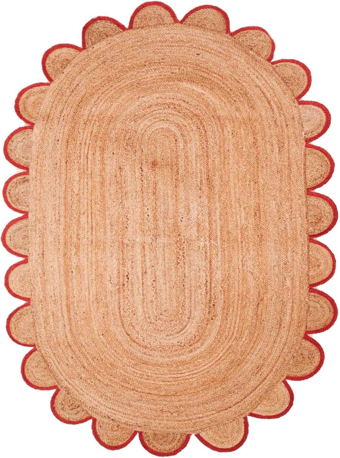 Natural Oval Jute Rug with Scalloped Border | Handwoven Designer Boho Carpet