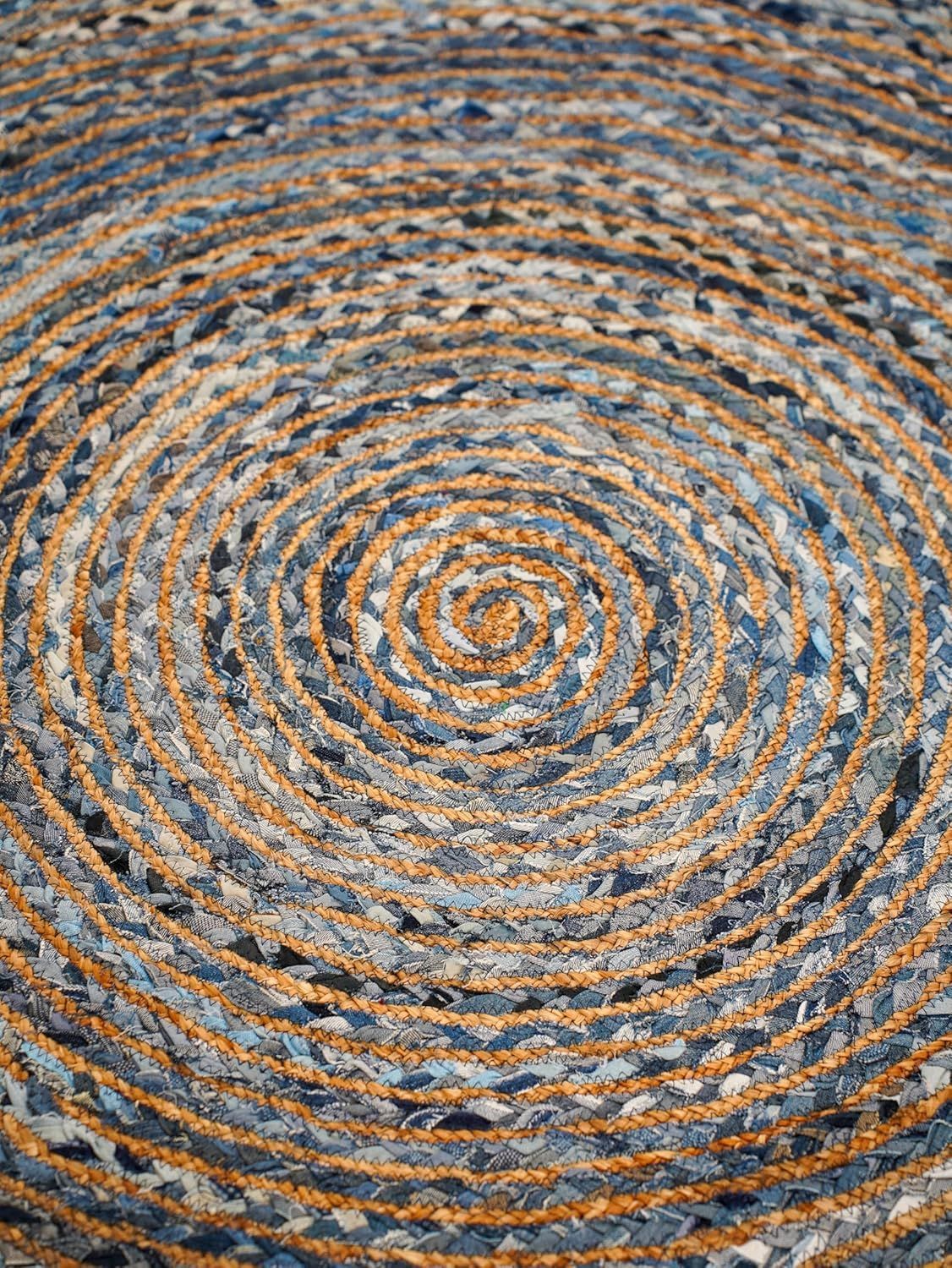 Round Denim & Jute Rug Spiral Pattern | Handwoven Blue Natural Fiber Area Rug