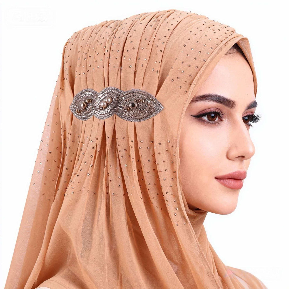 Khaki Chiffon Rhinestone Beaded Hijab Scarf for Women