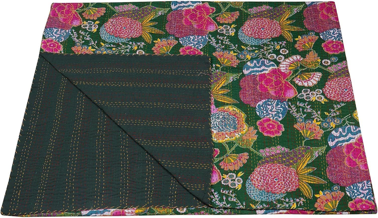 Green Floral Kantha Quilt – Handmade Indian Cotton Blanket, Reversible Vintage Kantha Throw, Lightweight Bedding