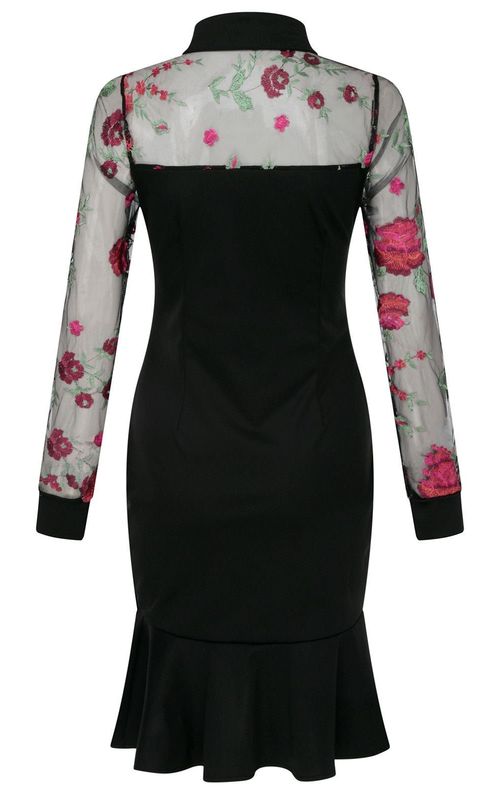 Women Elegant Party Dresses Floral Print Long Sleeve Bodycon Dress Ruffle Hem Slit Design