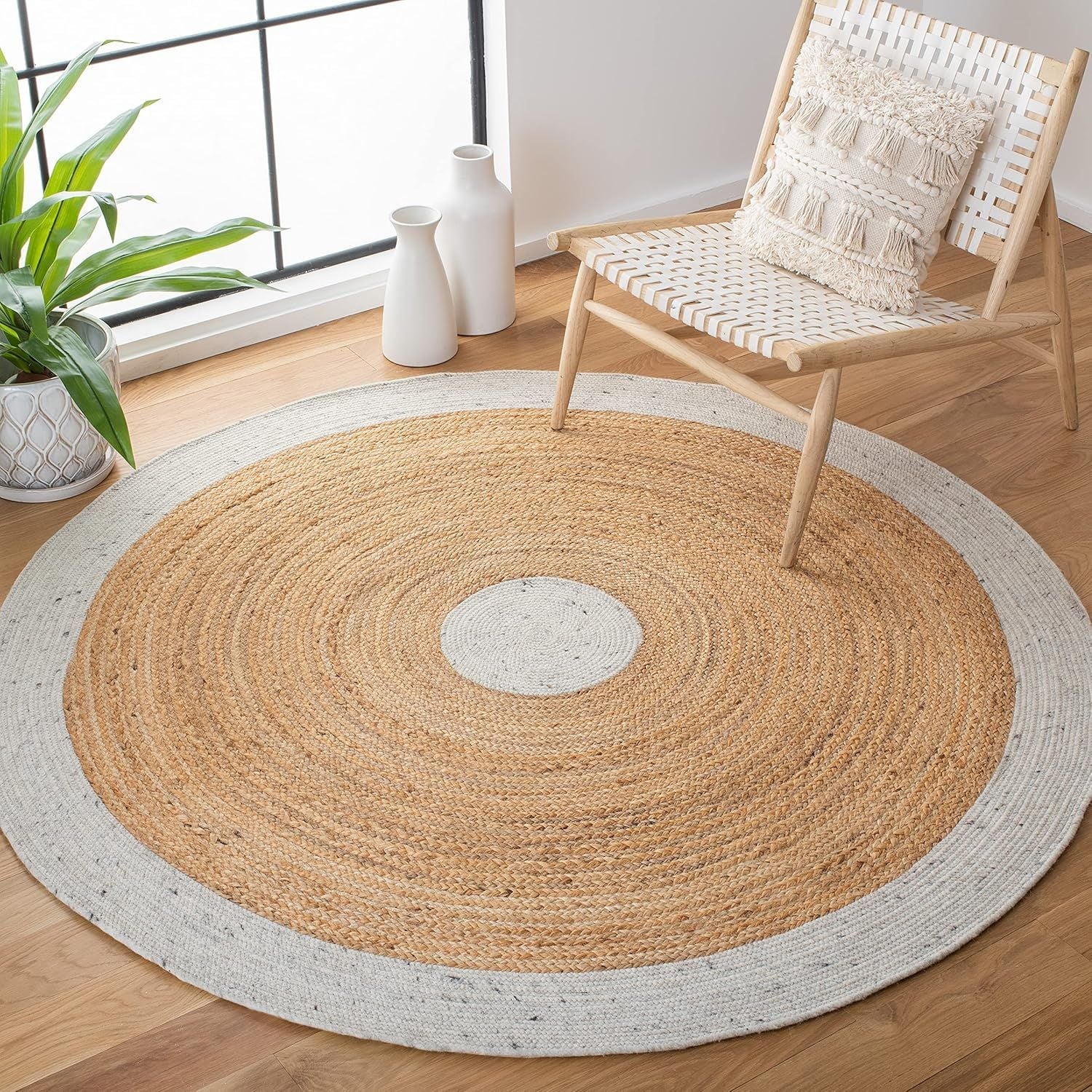 White Border & Center Jute Round Rug | Dual Tone Handwoven Natural Area Carpet