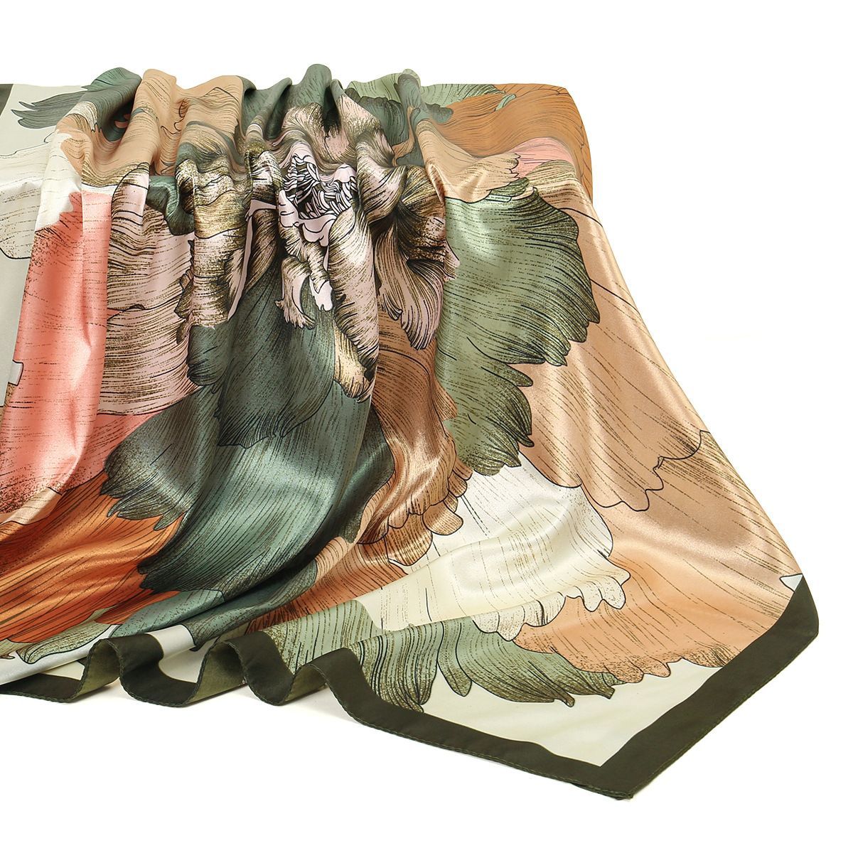 Green Printed Satin Silk Square Scarf for Women 90cm