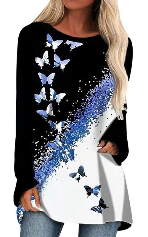 Womens Long Sleeve Butterfly Pullover Autumn Crew Neck Shirt Plus Size Loose Tops