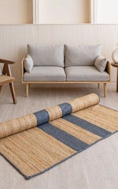 Handmade Braided Natural Jute Inner Two Blue Strip Eco Friendly Floor Area Runner Rug