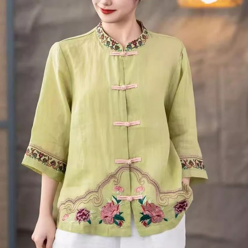 Chinese Style Cotton Linen Stand Collar Frog Button Long Sleeve Top