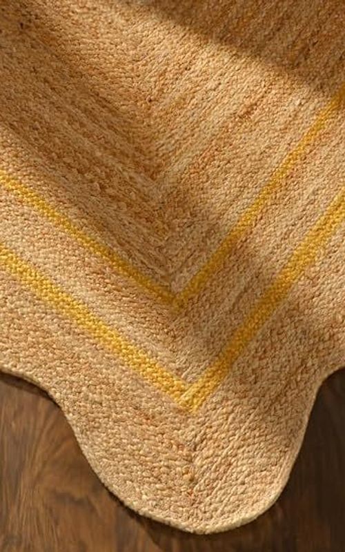 Scalloped Rectangle Jute Area Rug with Yellow Center Line | Handmade Runner Carpet