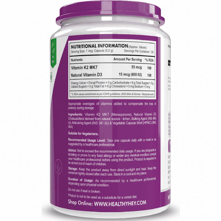 HealthyHey Natural Vitamin K2 + Natural D3 - Non-GMO | Non-Synthetic 120 Veg. Capsules