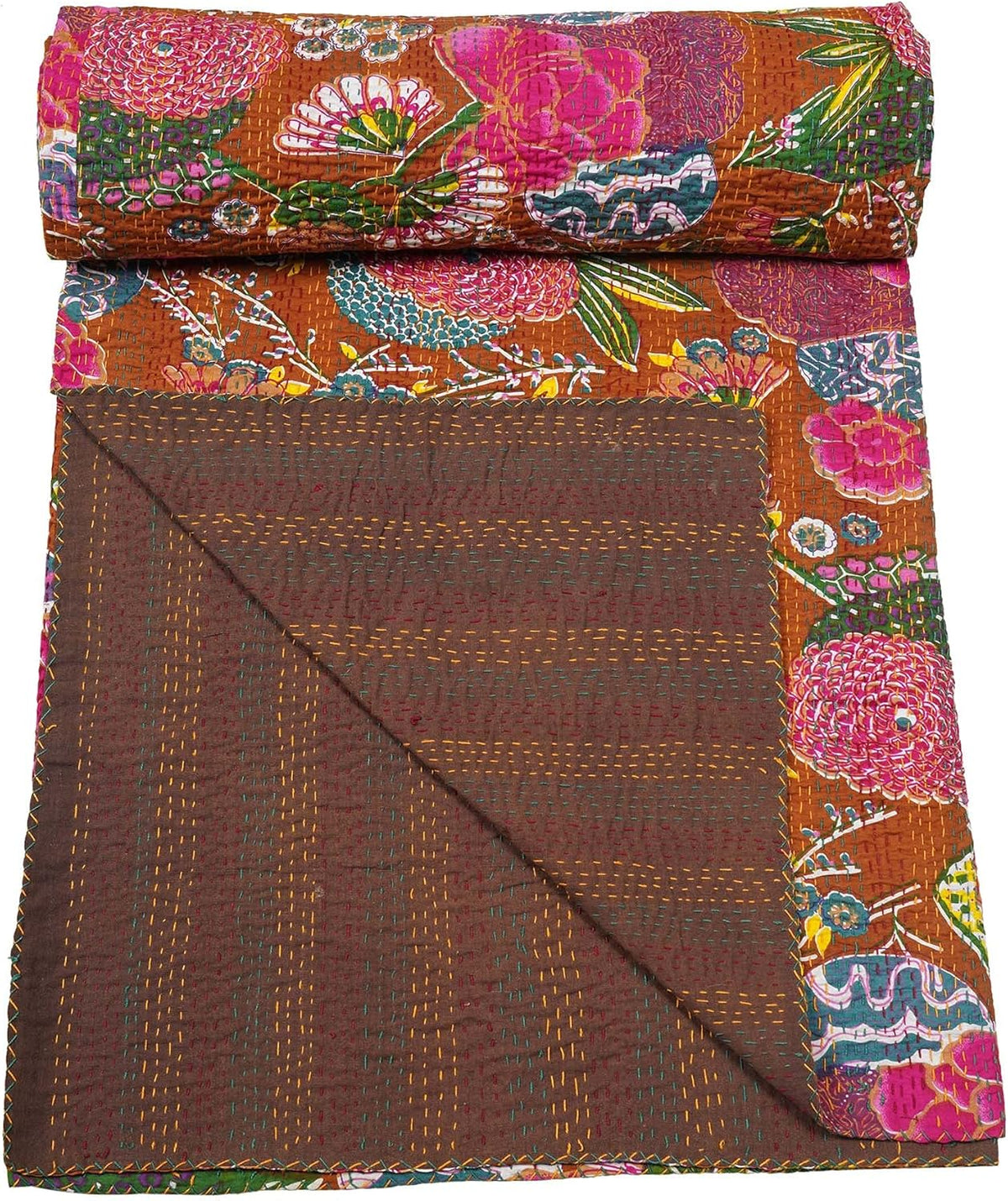 Handmade Brown Kantha Quilt – Floral Cotton Bedspread | Vintage Indian Kantha Blanket