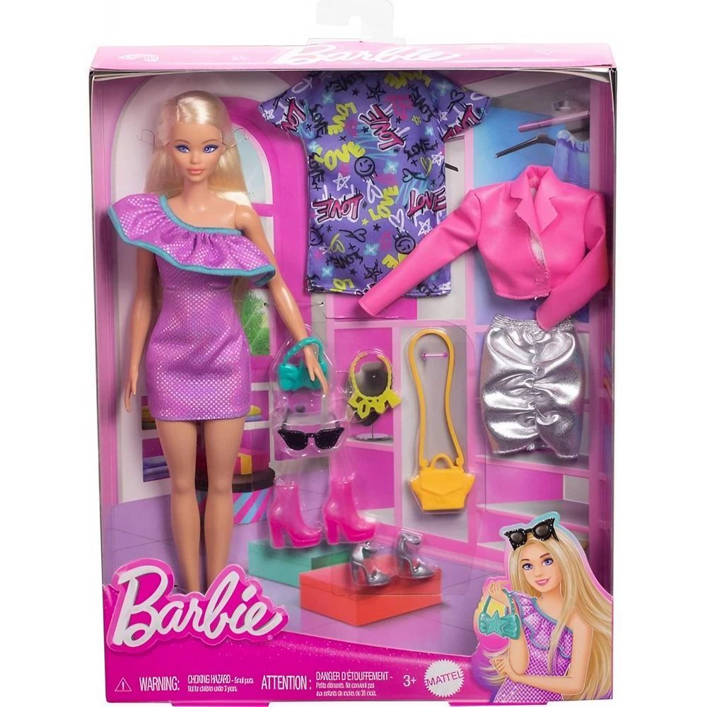 Barbie Doll with Clothes & Accessories, Blonde Fashion Doll with 3 Party-Themed Mix-and-Match Outfits, Dresses, Purses & Heels, 29cm