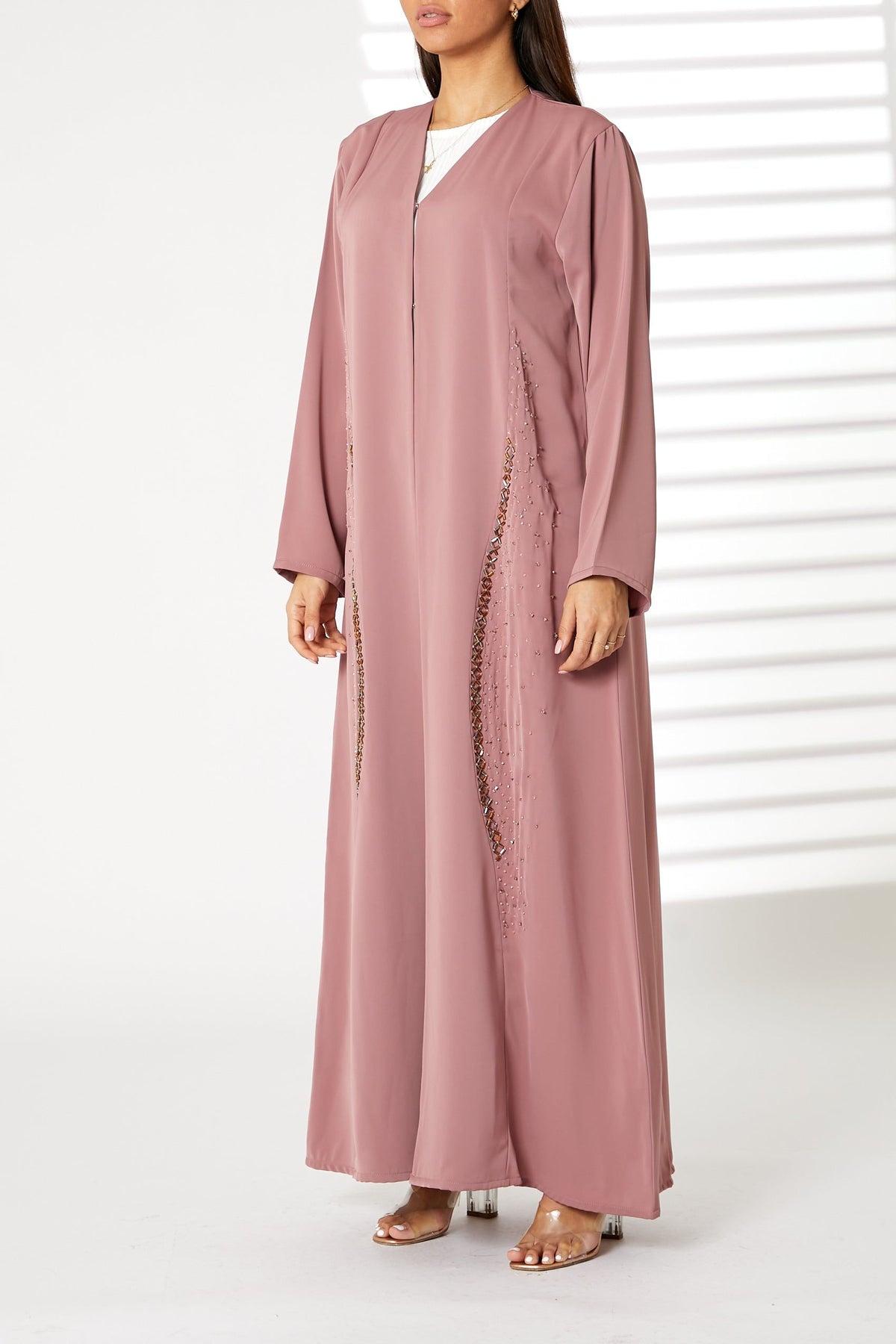 MOiSTREET Pink Nida Embroidered Open Abaya