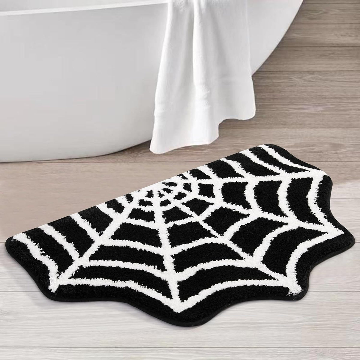 AIESY® Live Beautiful ! Spider Web Bath Mat, Black and White, Non-Slip Halloween Theme Bathroom Rug, Gothic Home Decor