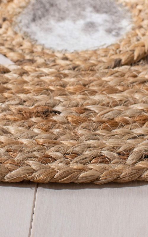 Handmade Round Jute Rug with White Tikki Border | Natural Boho Floor Rug