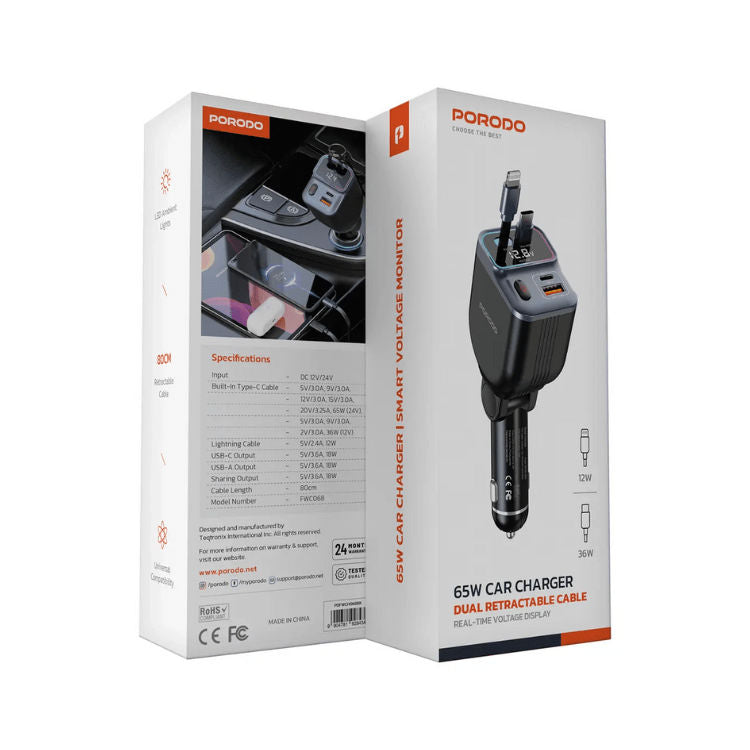 Porodo 65W Car Charger Dual Retractable Cable