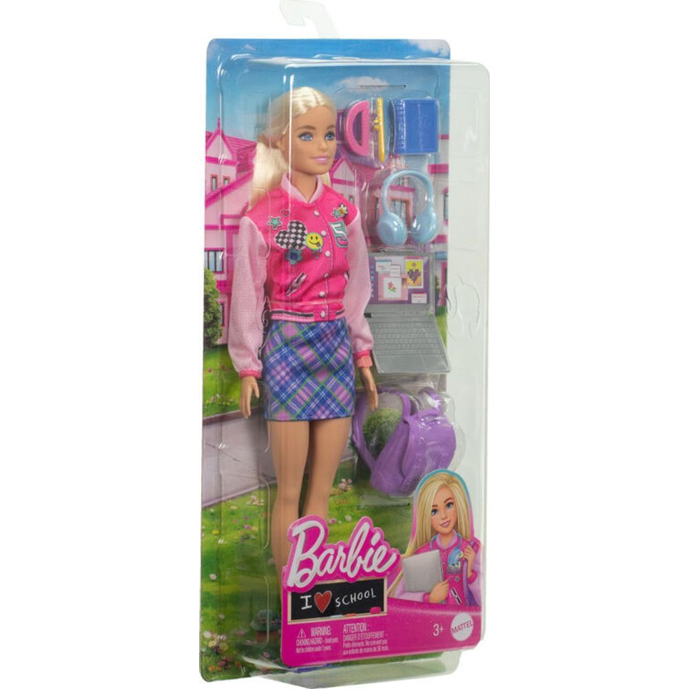 Barbie I Love School Doll & Accessories Set, 7 Pieces with Backpack, Laptop & Removable Outfit, 33.2cm