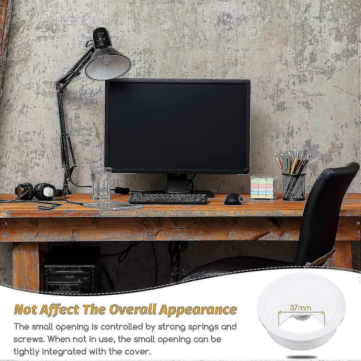Desk Cable Grommet Cord Organizer - 60mm Mounting Hole Cover for Computer Desk Wire Management (Plastic Tidy Clip)