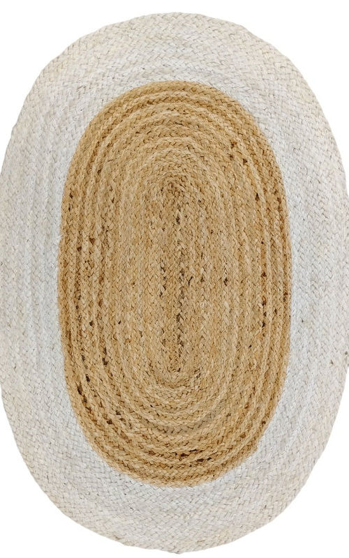 Handmade Oval Jute Rug with White Border – Natural Eco-Friendly Braided Area Rug for Living Room & Bedroom
