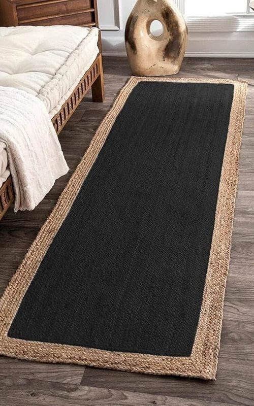 Handmade Braided Natural Jute Inner Black With Natural Border Floor Area Runner Rug