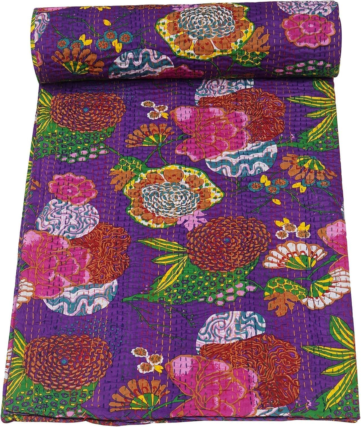 Purple Kantha Quilt Handmade Cotton Blanket | Floral Indian Bedspread for Home Decor