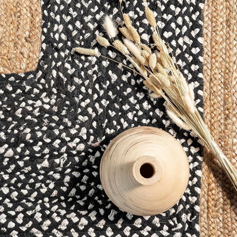 Handmade Black & Natural Round Jute Area Rug – Eco-Friendly Braided Floor Carpet for Living Room & Bedroom