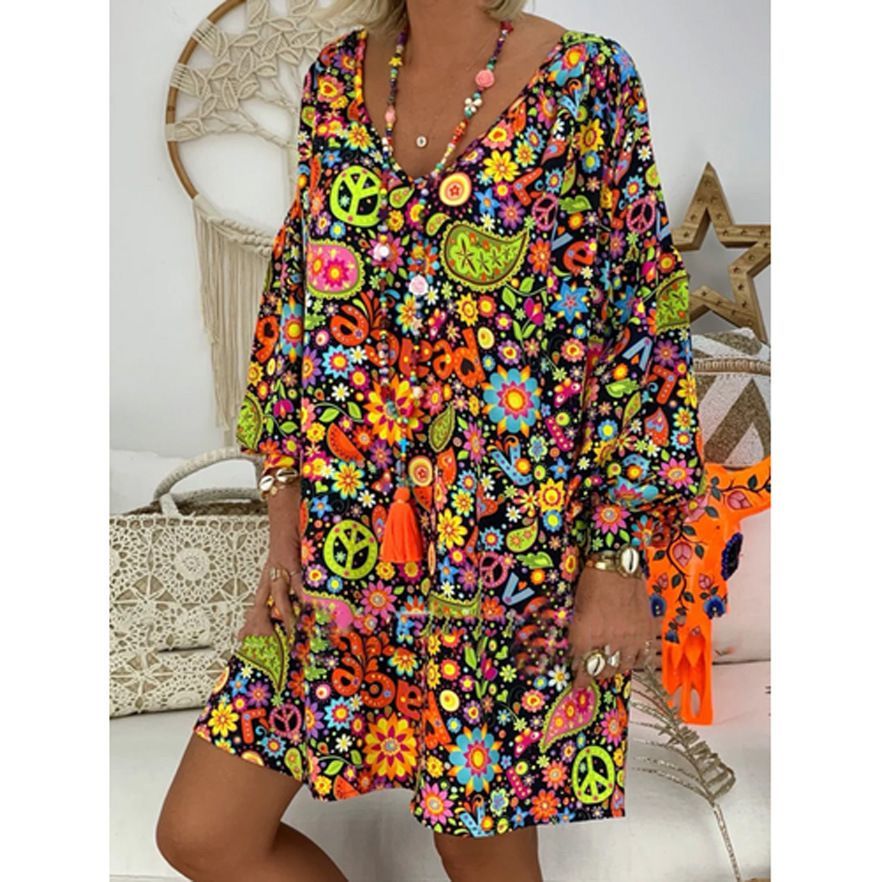 Spring/Summer Women's V-Neck Long Sleeve Printed Retro Dress