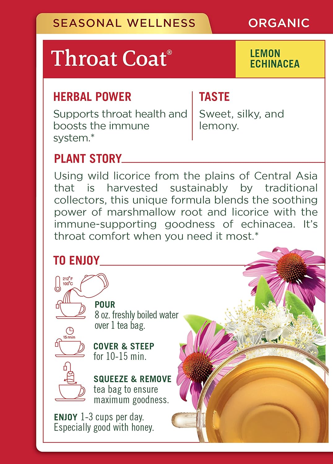 Traditional Medicinal Throat Coat Lemon Echinacea, 16 Teabags