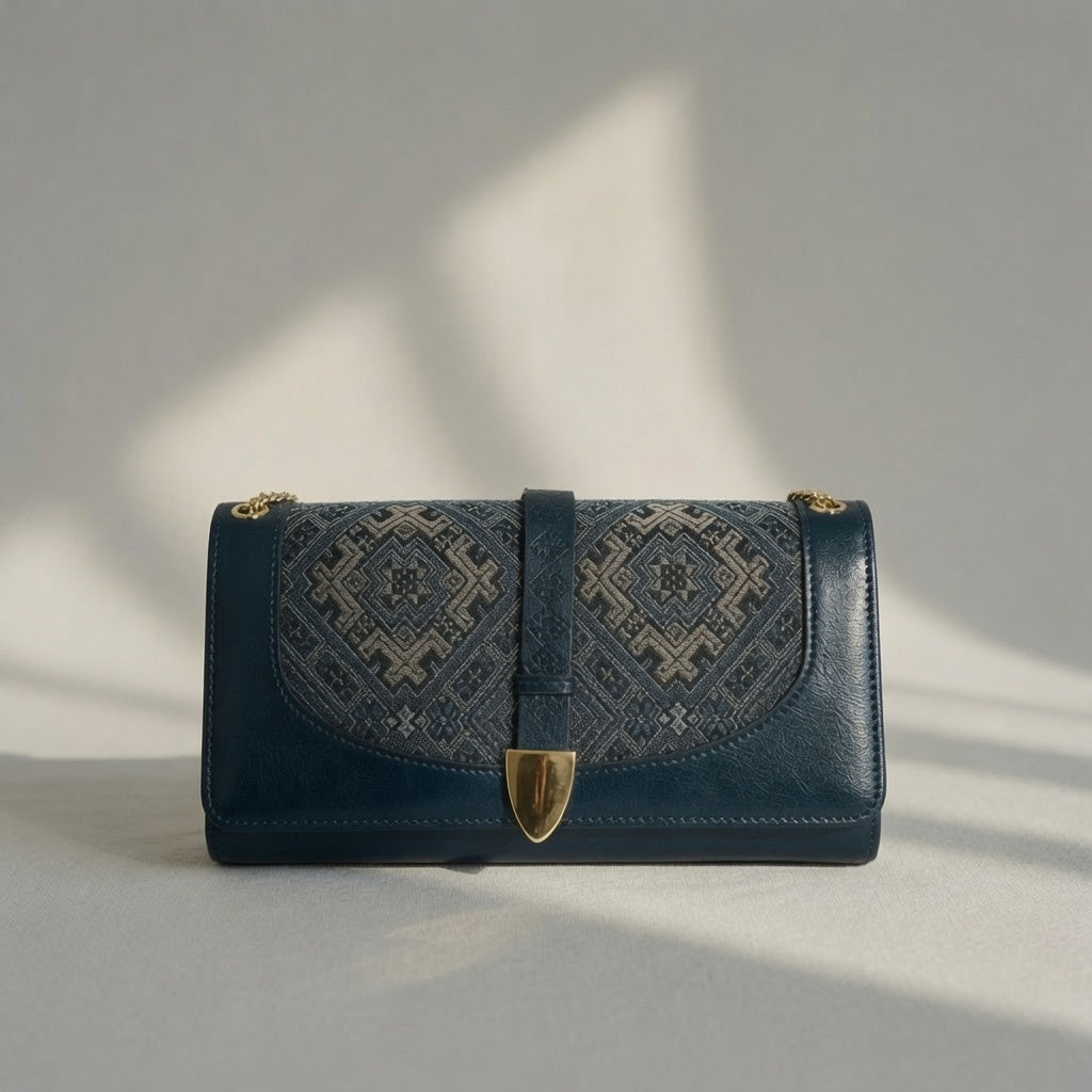 Jamila Designer Midnight Ikat Heritage Flap Bag  Deep Teal, Navy